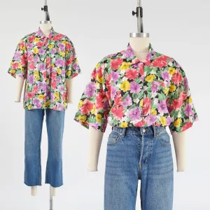 Vintage 90s LEE Watercolor Floral Blouse Collared Button Down Shirt size M L