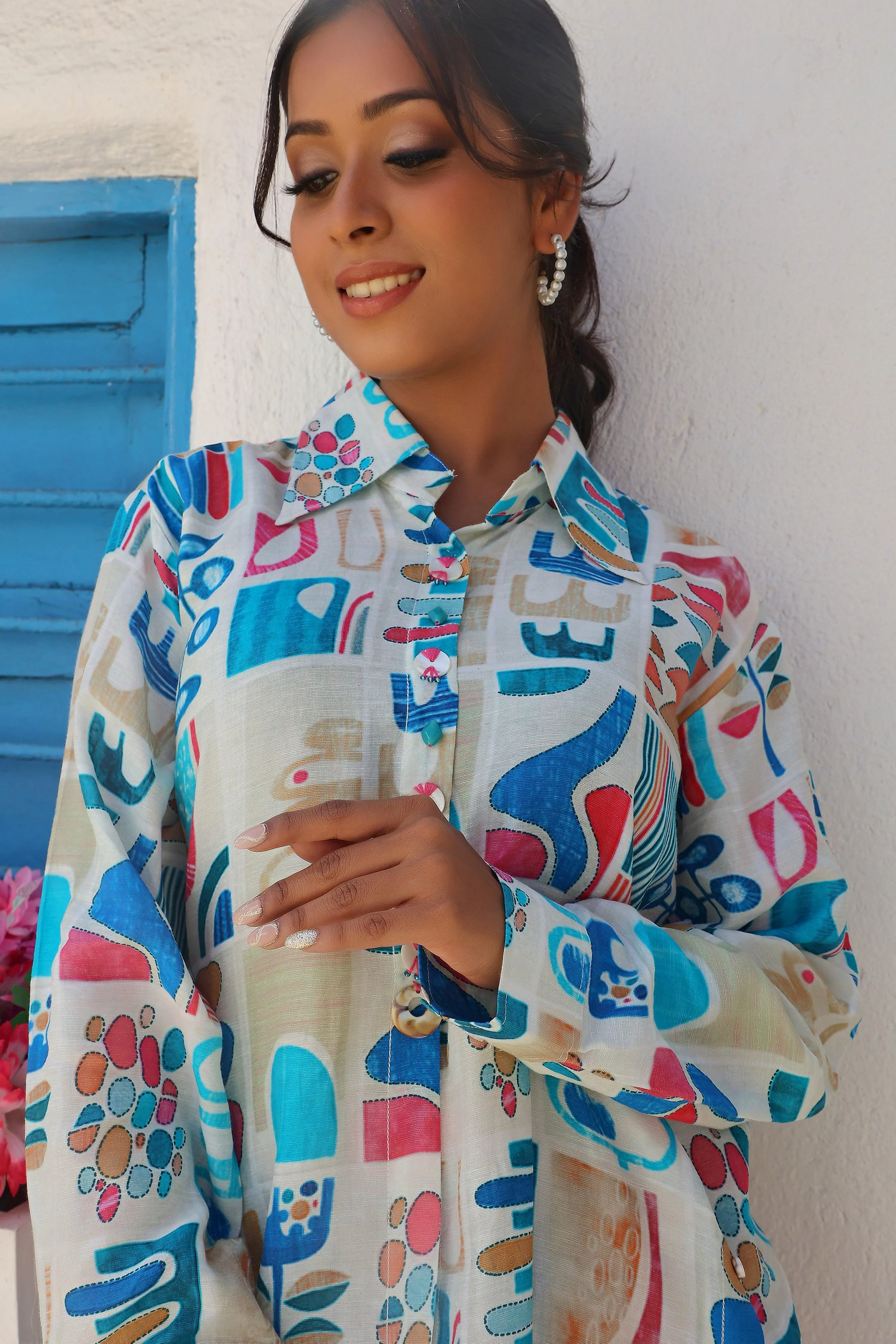 White Longline Printed Shirt Style Tunic With Beads