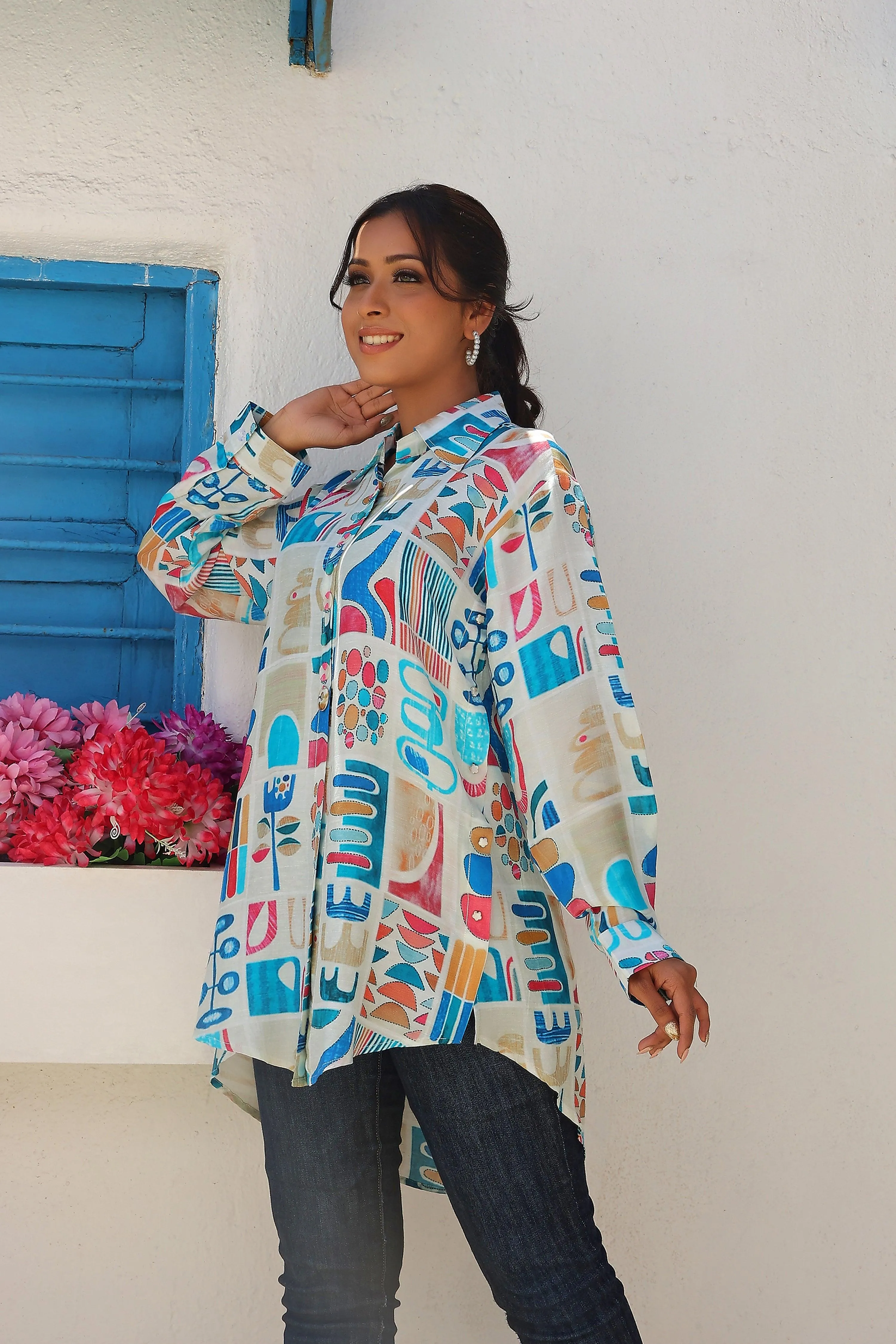 White Longline Printed Shirt Style Tunic With Beads