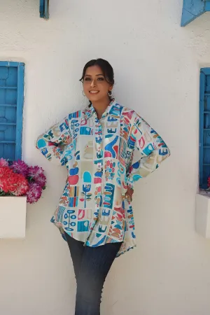 White Longline Printed Shirt Style Tunic With Beads