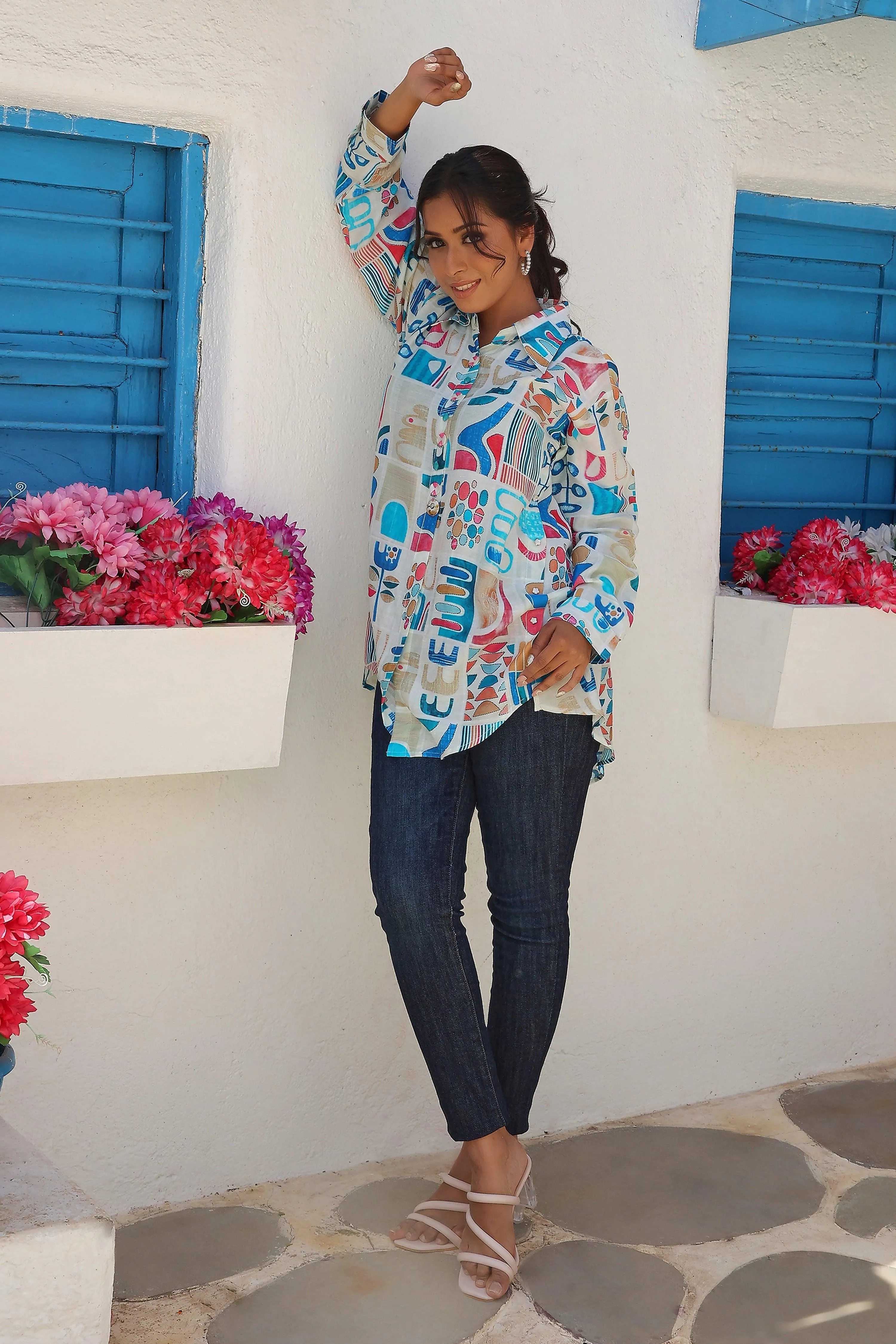 White Longline Printed Shirt Style Tunic With Beads
