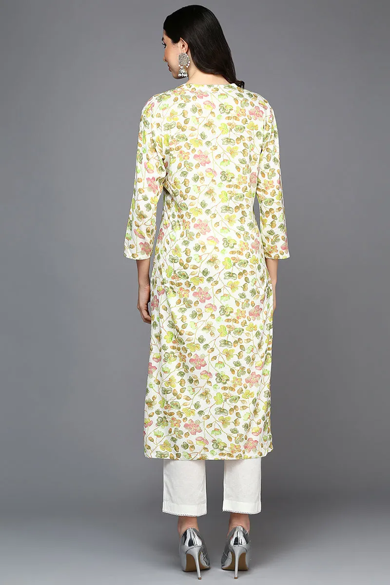 White Viscose Rayon Floral Straight Kurta
