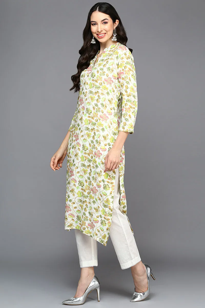 White Viscose Rayon Floral Straight Kurta