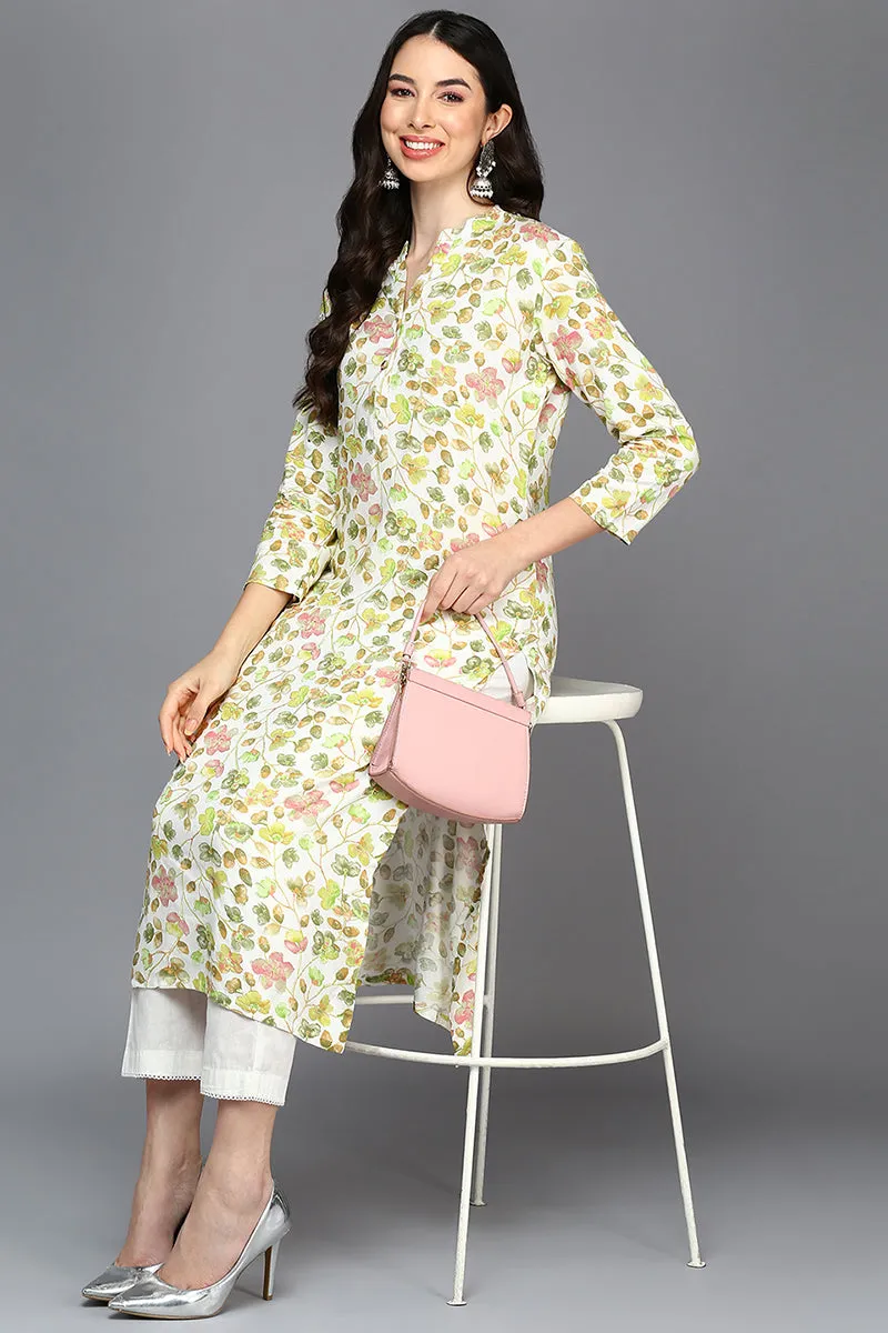 White Viscose Rayon Floral Straight Kurta