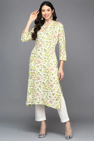 White Viscose Rayon Floral Straight Kurta