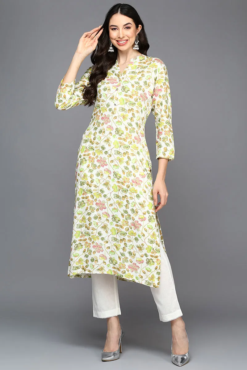 White Viscose Rayon Floral Straight Kurta