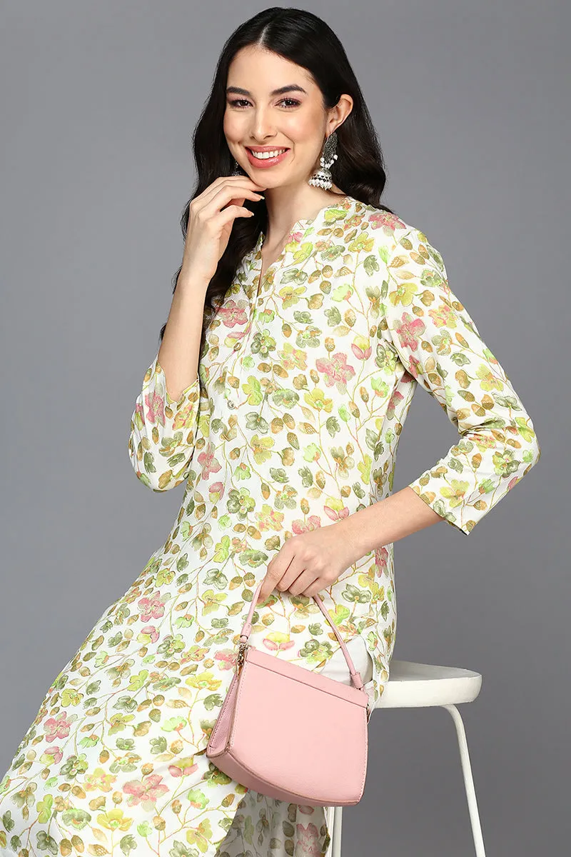 White Viscose Rayon Floral Straight Kurta