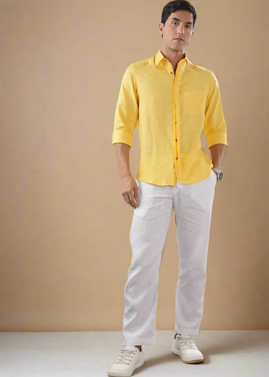 Winston - Pure Linen Button Down Full Sleeve Shirt with Concealed Placket - Citrus Yellow