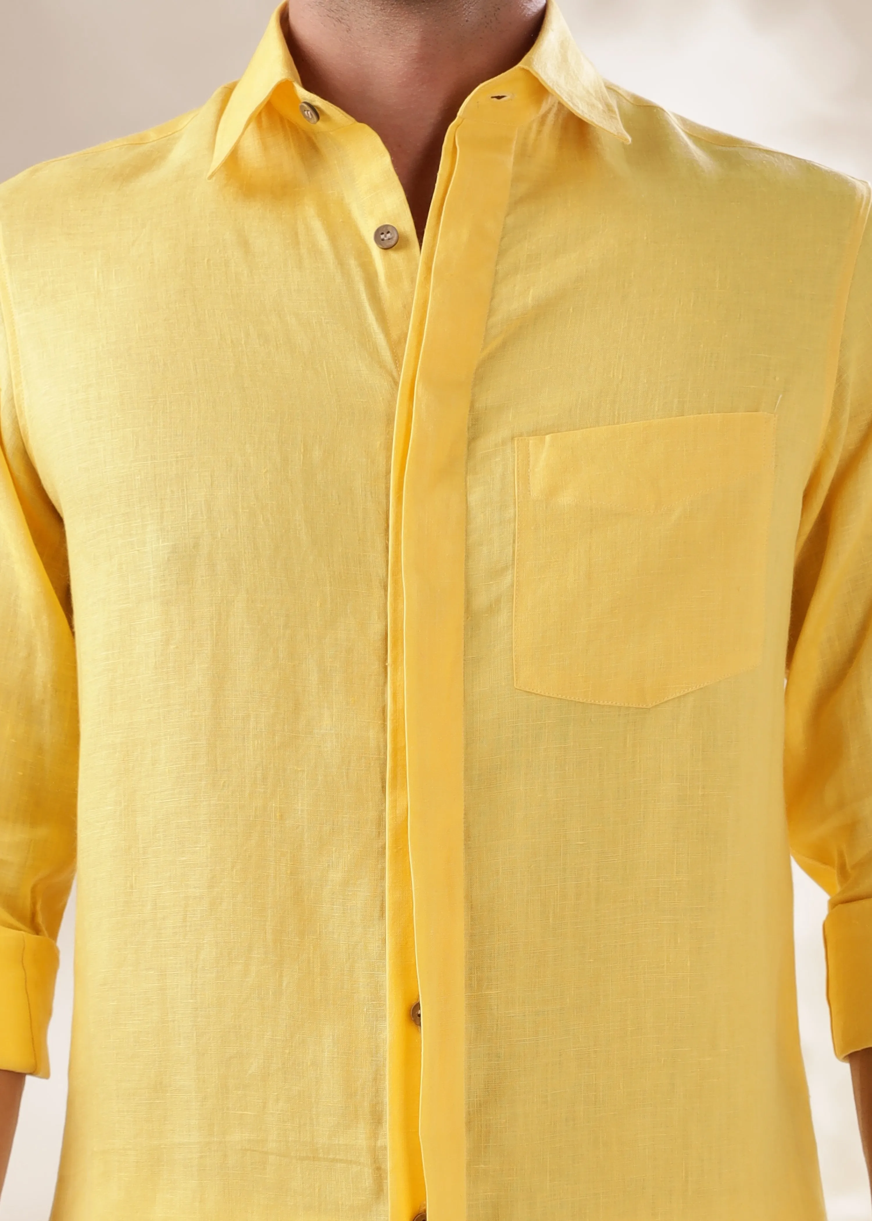 Winston - Pure Linen Button Down Full Sleeve Shirt with Concealed Placket - Citrus Yellow