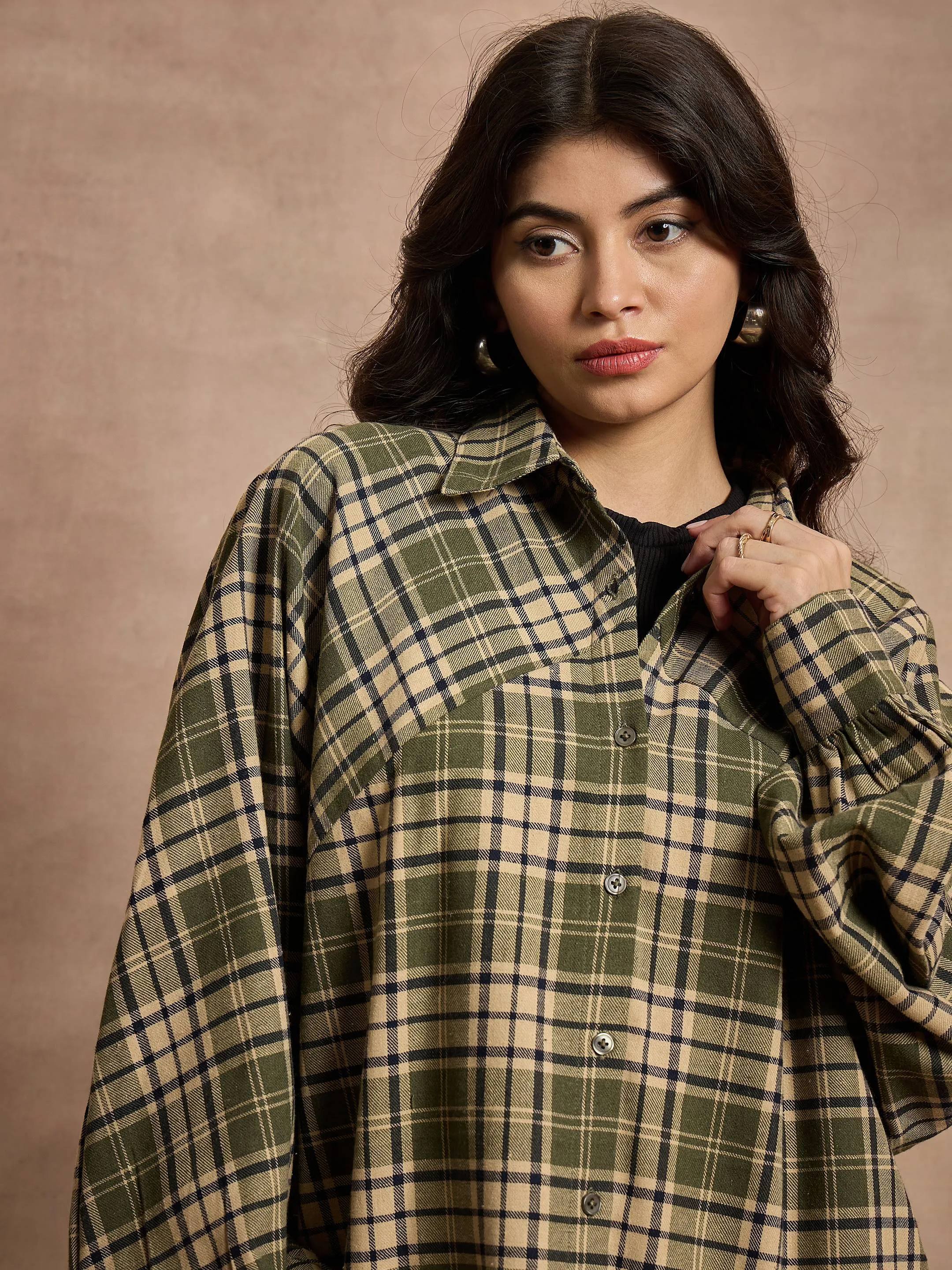 Women Green & Beige Checked Oversized Shirt