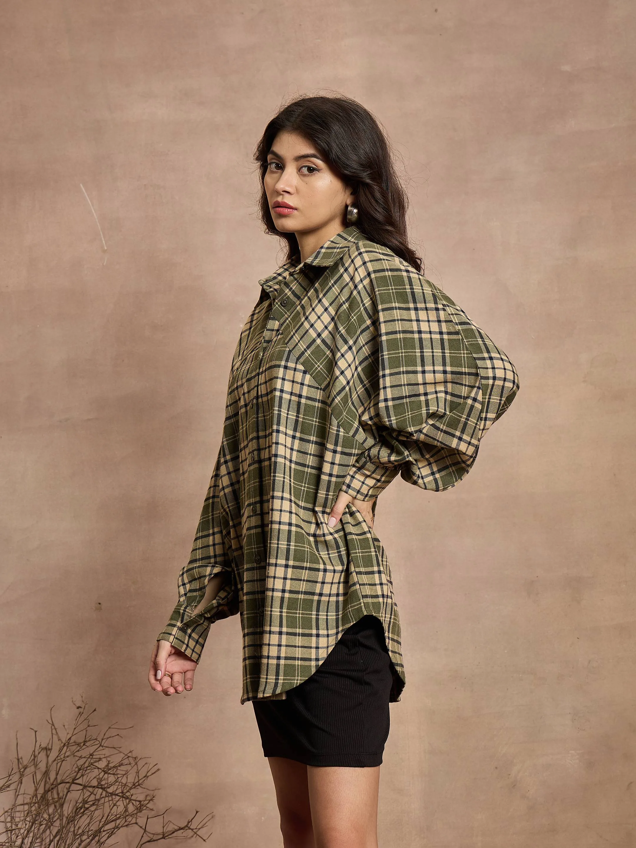 Women Green & Beige Checked Oversized Shirt