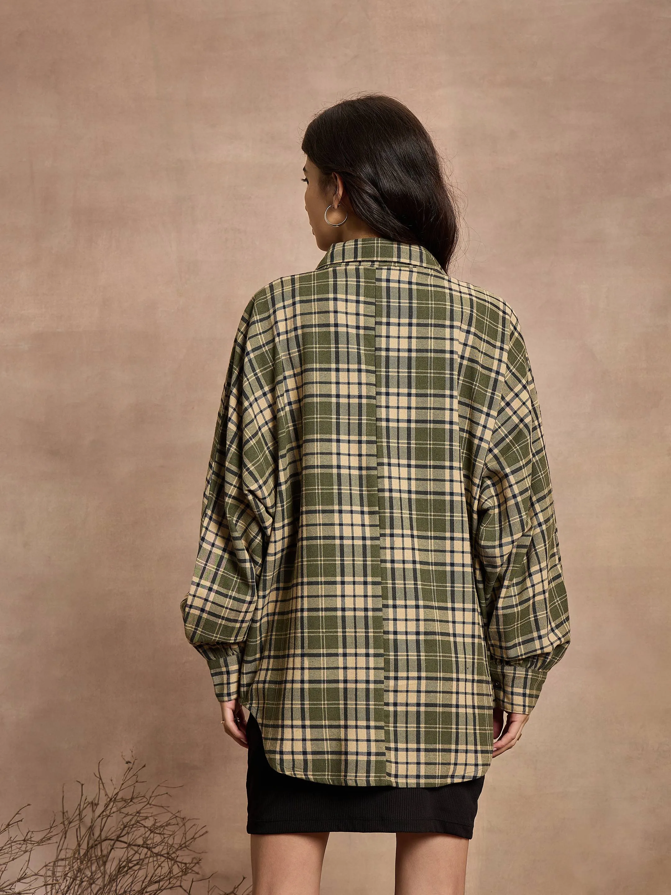 Women Green & Beige Checked Oversized Shirt