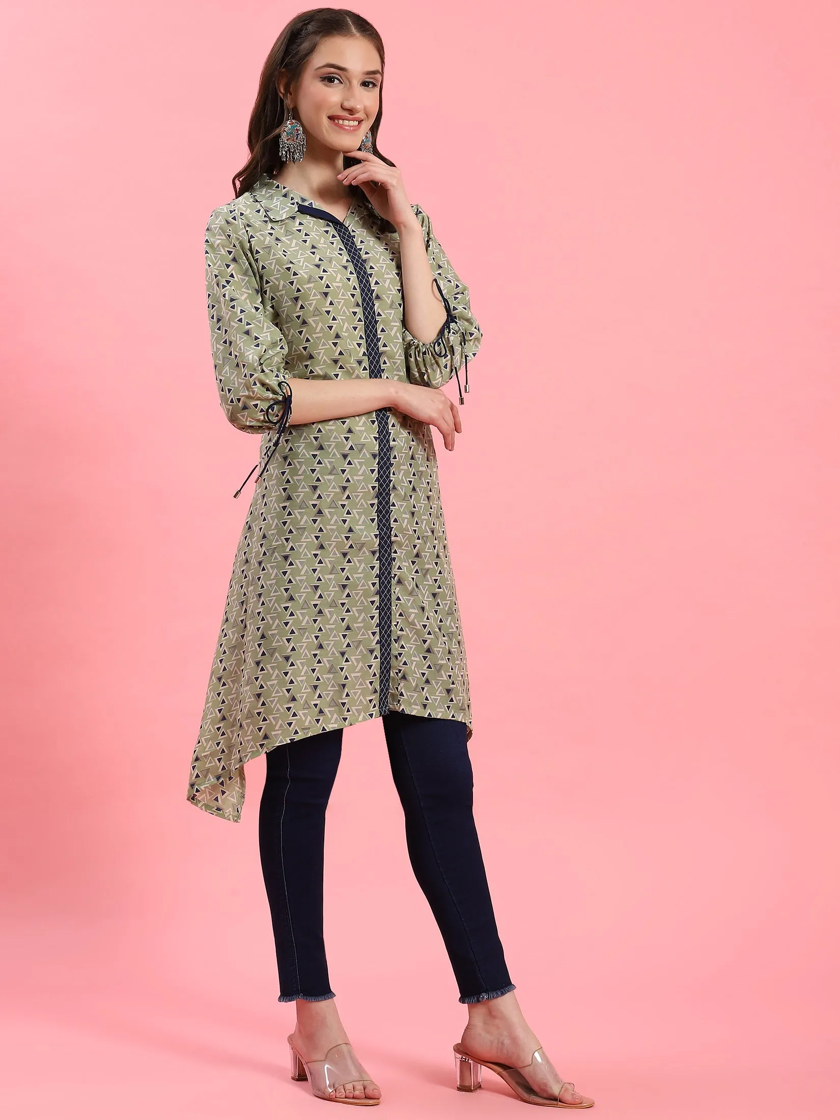 Women Green Geometric Printed Kurta