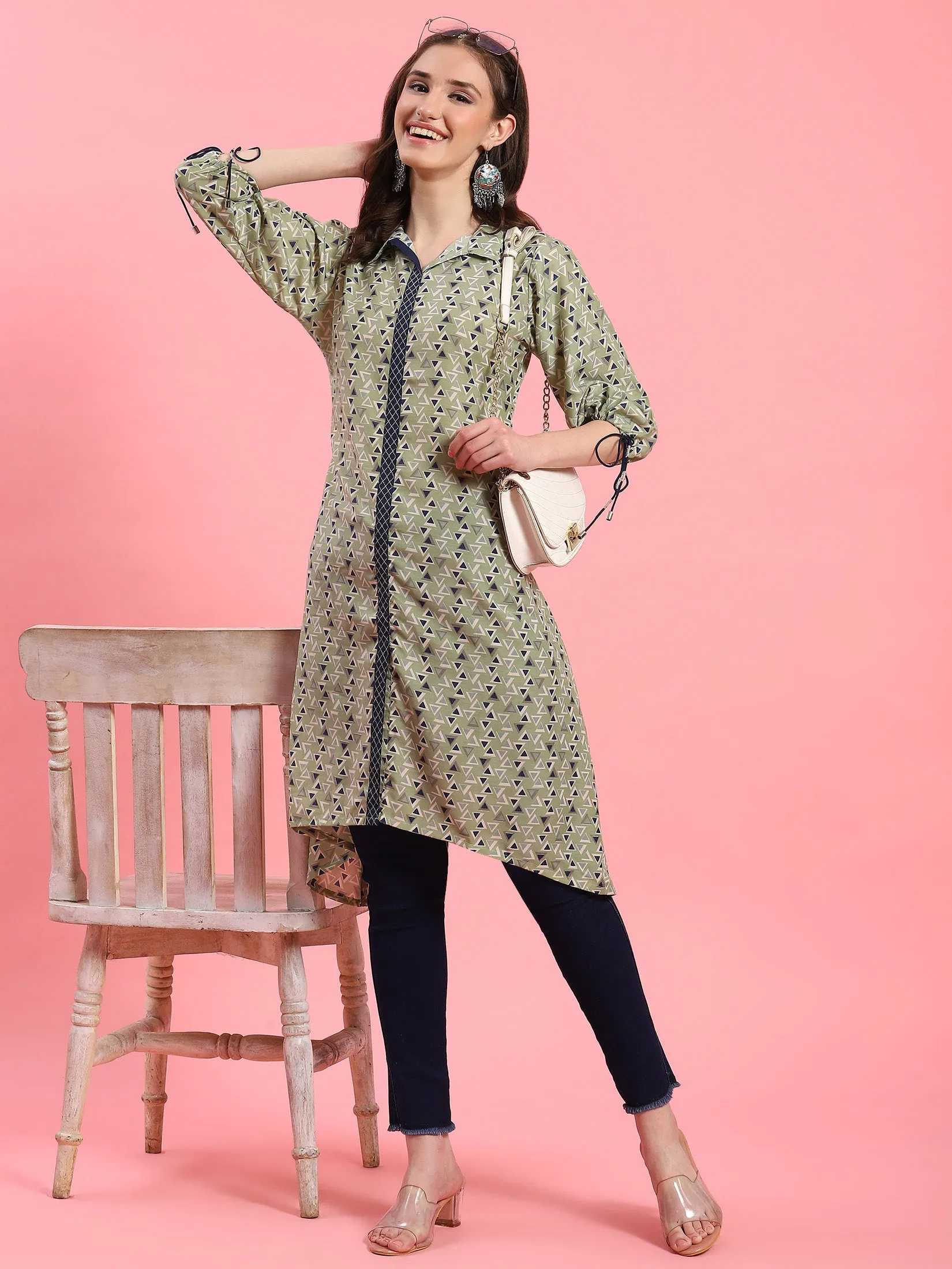 Women Green Geometric Printed Kurta