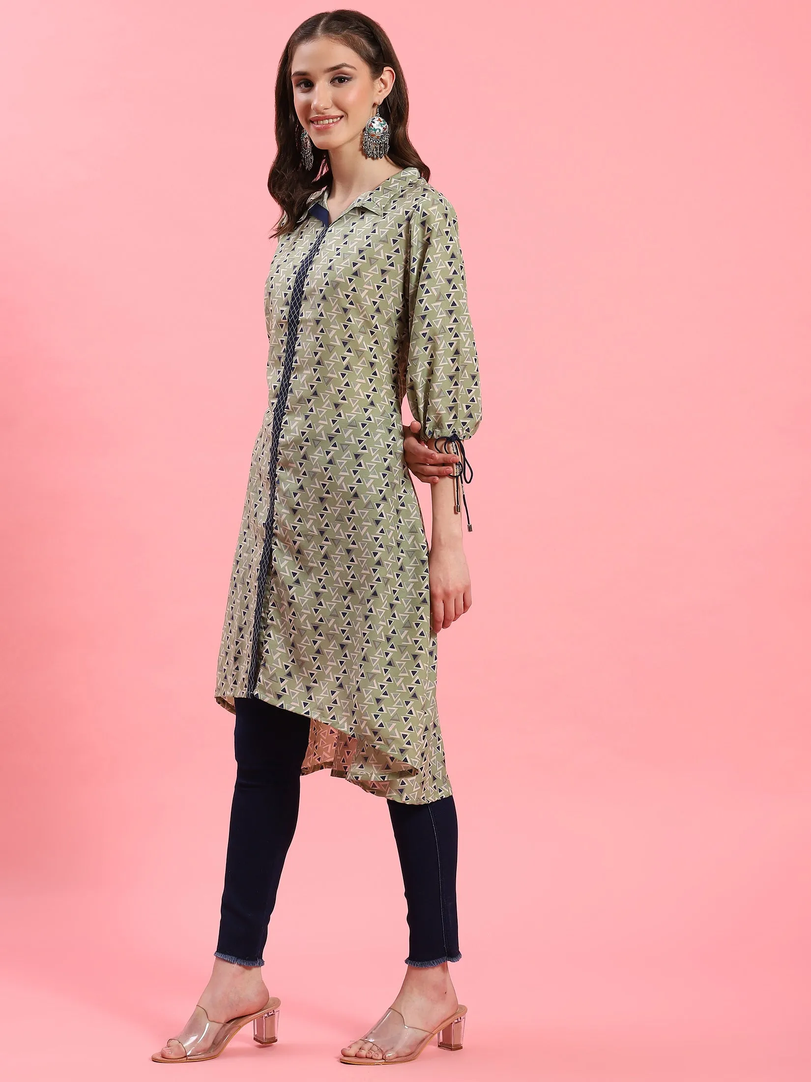 Women Green Geometric Printed Kurta