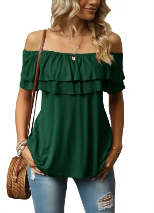 Women's Casual Off Shoulder Ruffle Tops Short Sleeve T Shirts Loose Summer Blouses Shirt