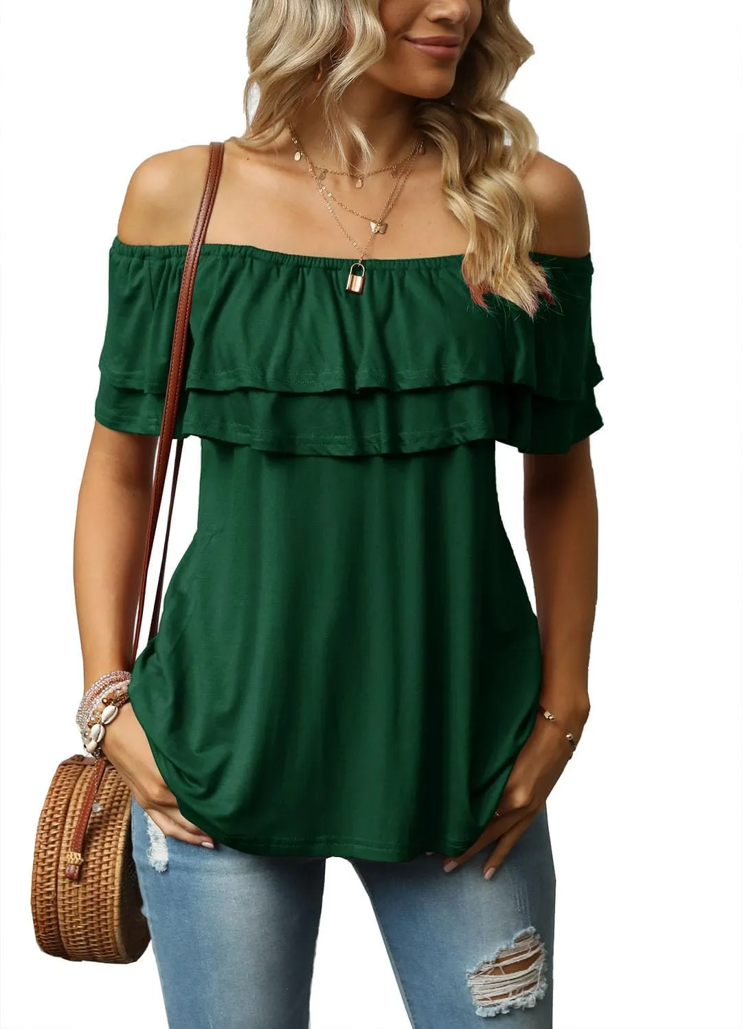 Women's Casual Off Shoulder Ruffle Tops Short Sleeve T Shirts Loose Summer Blouses Shirt