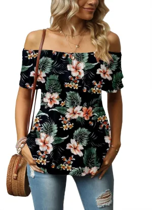Women's Casual Off Shoulder Ruffle Tops Short Sleeve T Shirts Loose Summer Blouses Shirt