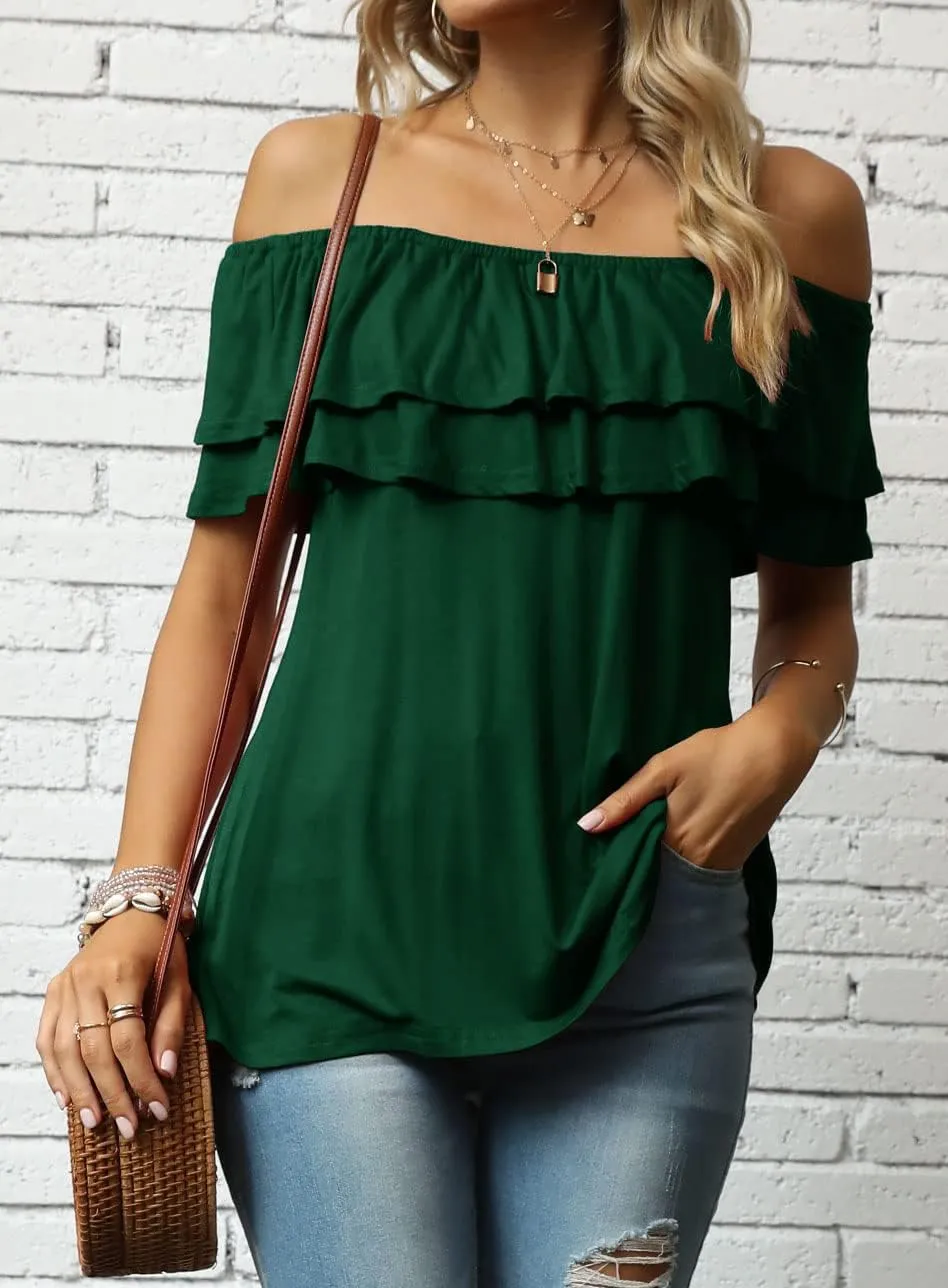 Women's Casual Off Shoulder Ruffle Tops Short Sleeve T Shirts Loose Summer Blouses Shirt
