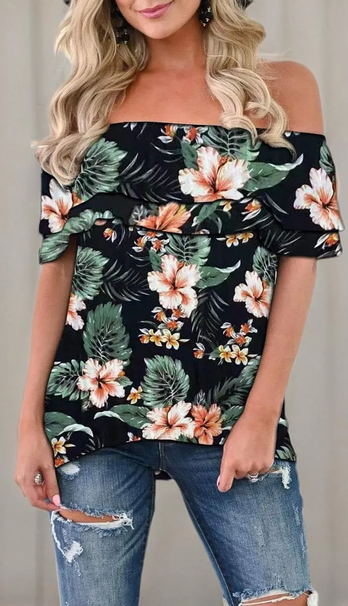 Women's Casual Off Shoulder Ruffle Tops Short Sleeve T Shirts Loose Summer Blouses Shirt