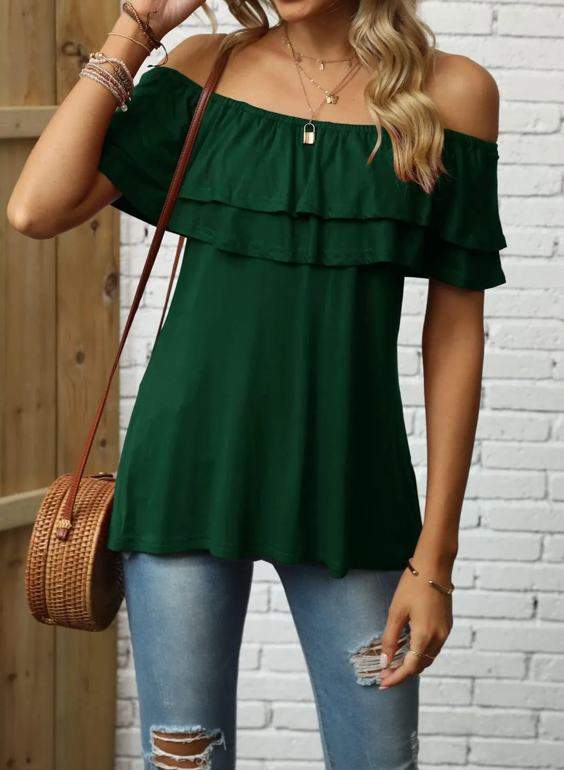Women's Casual Off Shoulder Ruffle Tops Short Sleeve T Shirts Loose Summer Blouses Shirt