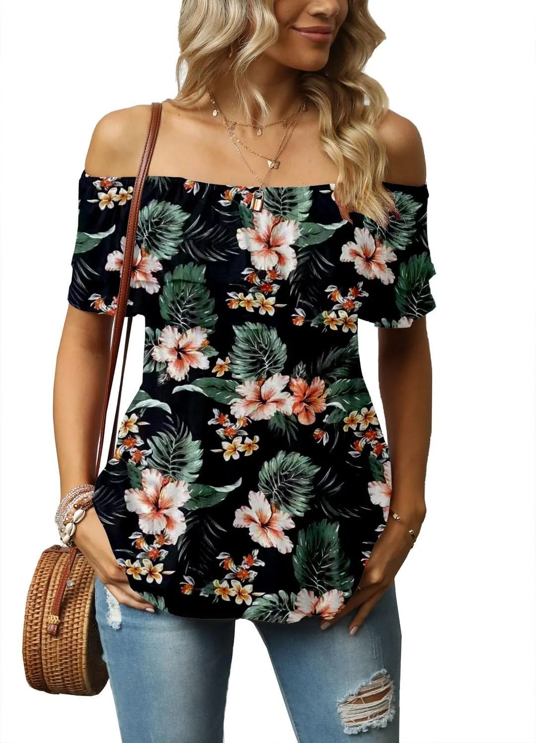 Women's Casual Off Shoulder Ruffle Tops Short Sleeve T Shirts Loose Summer Blouses Shirt
