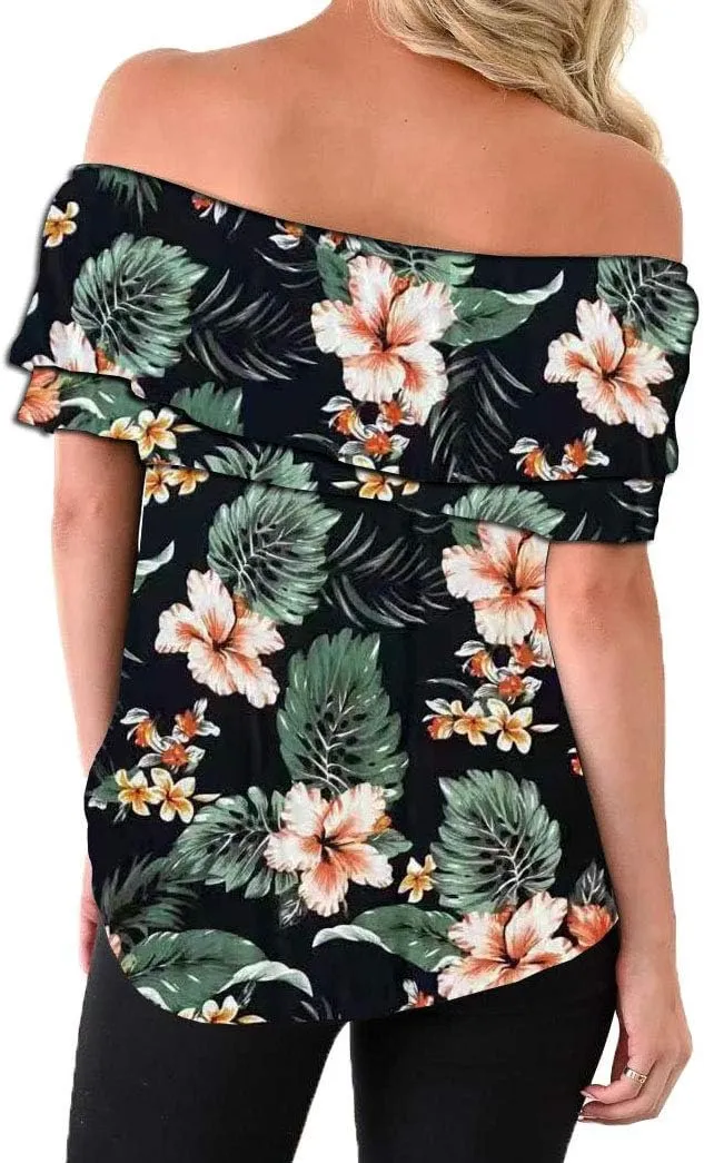 Women's Casual Off Shoulder Ruffle Tops Short Sleeve T Shirts Loose Summer Blouses Shirt