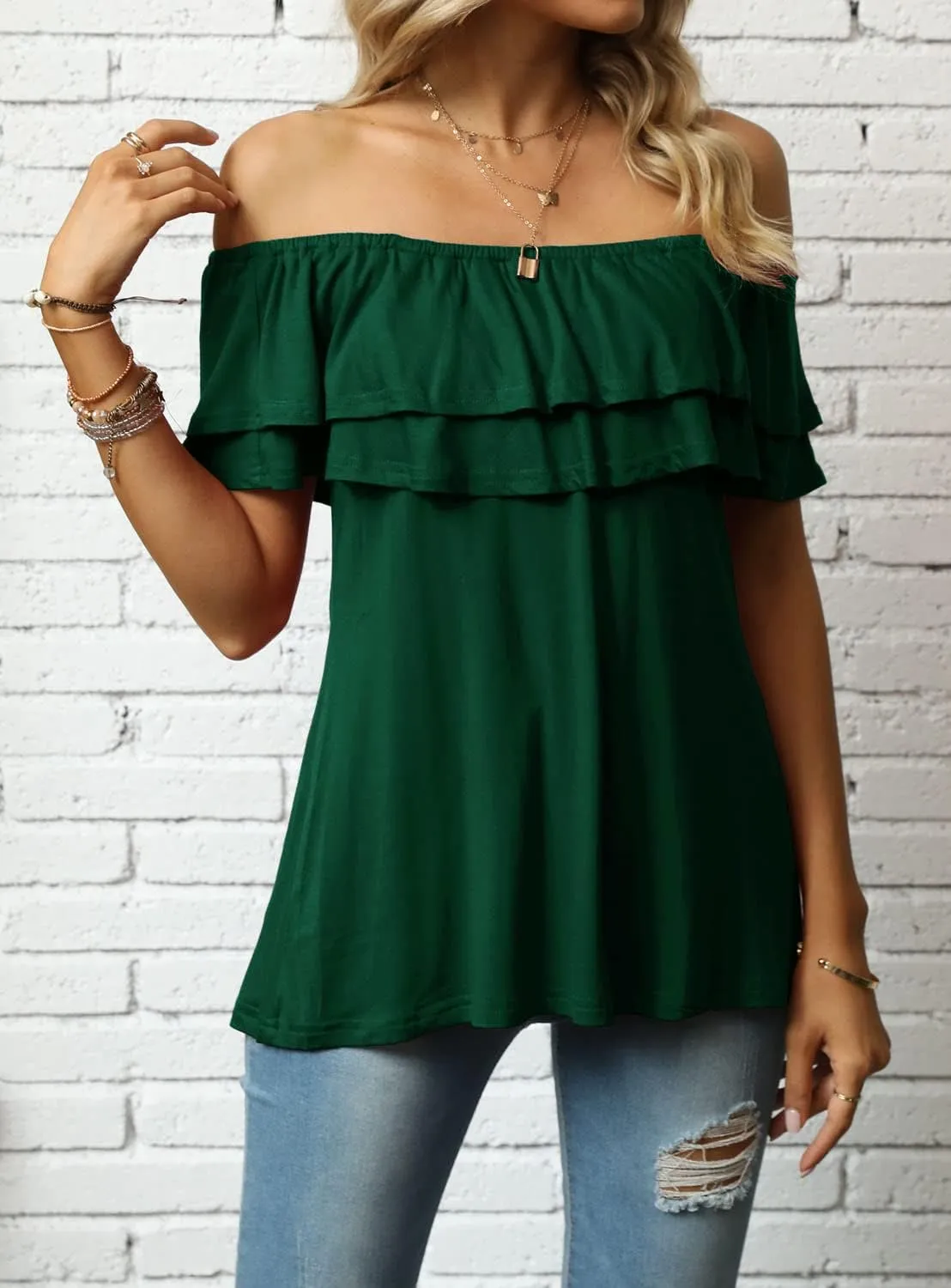 Women's Casual Off Shoulder Ruffle Tops Short Sleeve T Shirts Loose Summer Blouses Shirt