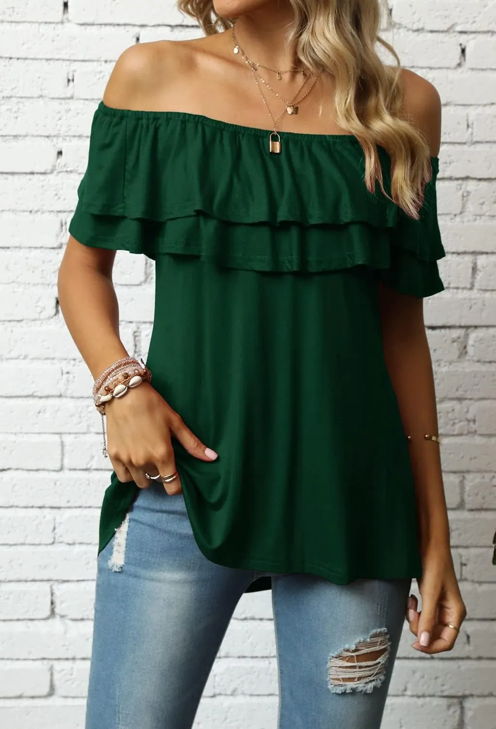 Women's Casual Off Shoulder Ruffle Tops Short Sleeve T Shirts Loose Summer Blouses Shirt