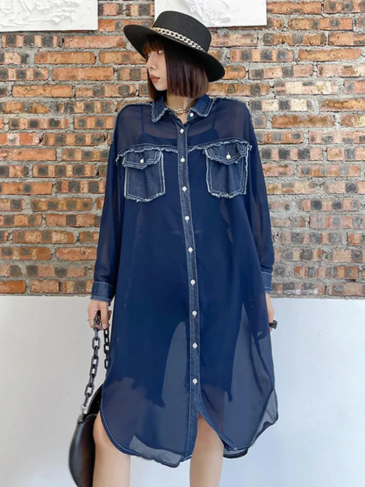 Women's Oversized Sheer Denim Long Blouse