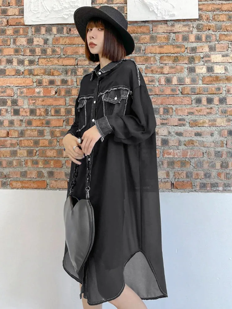 Women's Oversized Sheer Denim Long Blouse