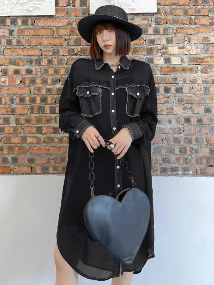 Women's Oversized Sheer Denim Long Blouse