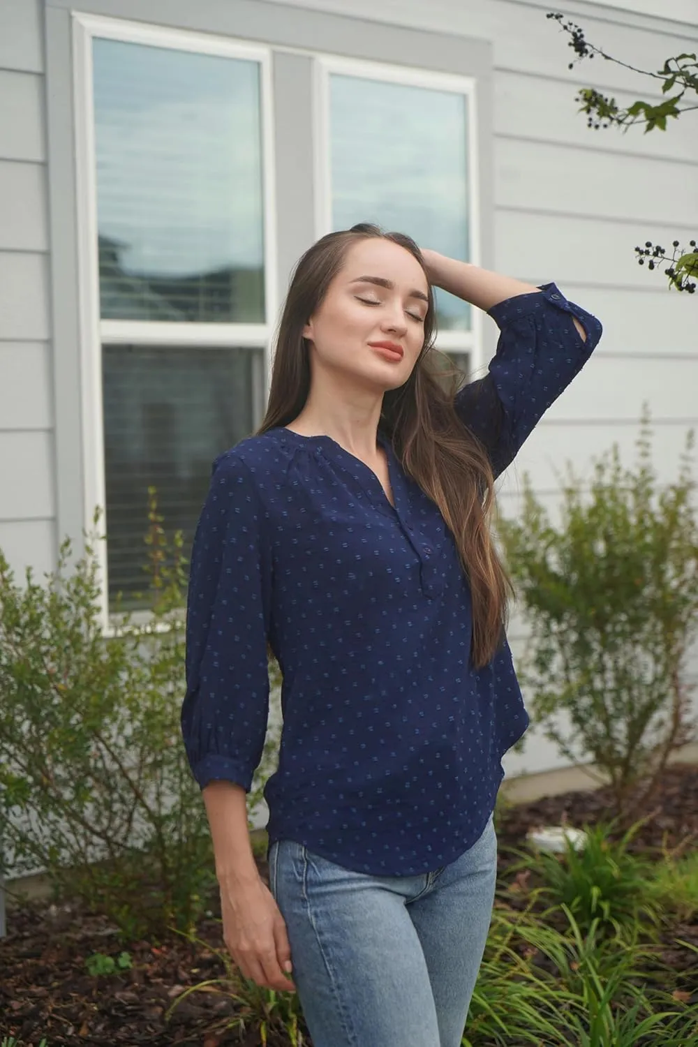Women's Polka Dot Tops 3/4 Sleeve Henley Button Up Blouses Summer V-Neck Swiss Dot T-Shirts 2025 Spring Outfits S-XXL