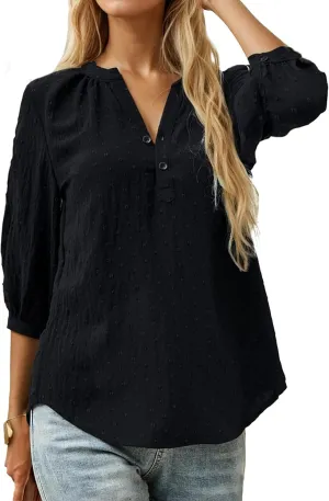 Women's Polka Dot Tops 3/4 Sleeve Henley Button Up Blouses Summer V-Neck Swiss Dot T-Shirts 2025 Spring Outfits S-XXL