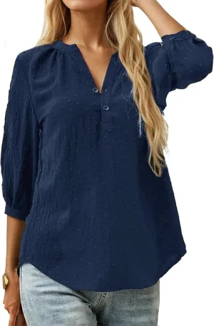 Women's Polka Dot Tops 3/4 Sleeve Henley Button Up Blouses Summer V-Neck Swiss Dot T-Shirts 2025 Spring Outfits S-XXL